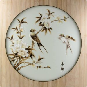 Strohbild "Hochzeitsvögel" Ivory White mit Rahmen