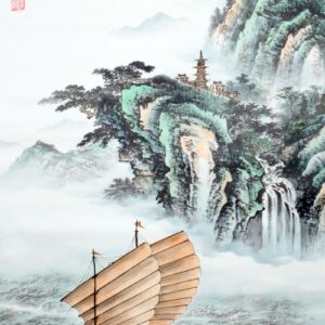 Rollbild Dschunke vor Steilküste