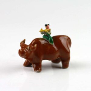 Keramikfigur Büffel mit Flötenspieler, Bonsai-Deko