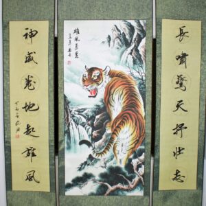 Tiger Rollbild mit chinesischer Kalligraphie, Bildrollen-Set